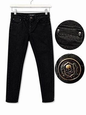 The Kooples Black Skull Detail Skinny Short  Jeans Sz 25 Edgy Bikercore Designer